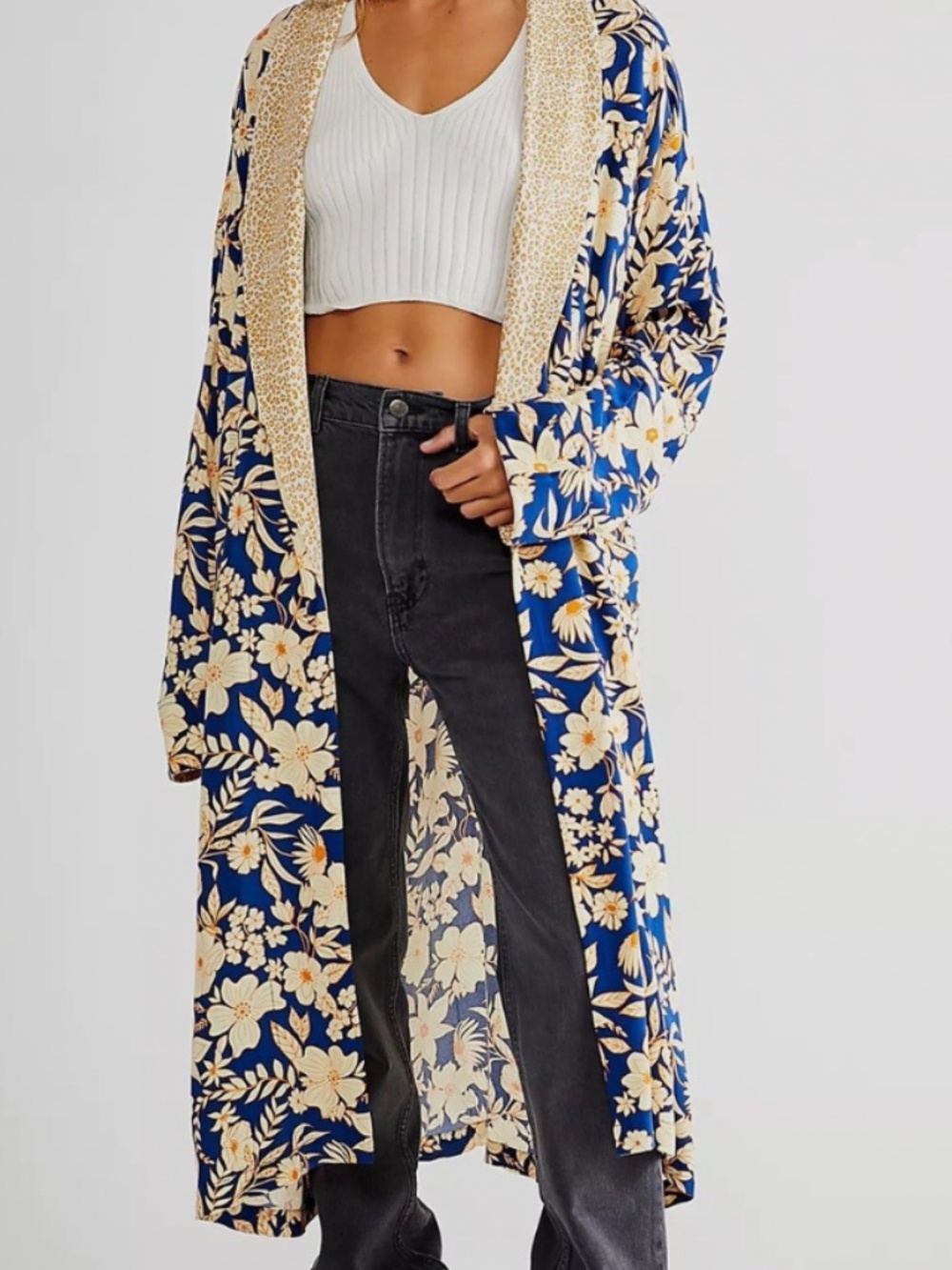 Free People Wild Nights Duster Kimono Floral Boho Long Cardigan Size M
